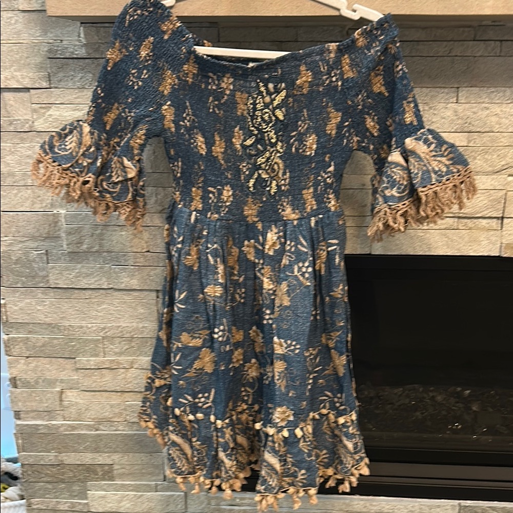 Leoni Al Sole Bohemian Blue and Tan Off-Shoulder Dress